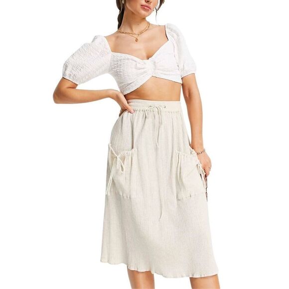 ASOS Drawstring Midi Crinkle Cream Skirt 14 - Picture 3 of 5